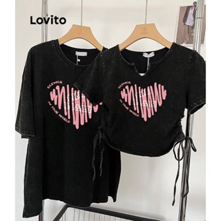 Lovito Casual Camiseta Feminina Amarrada com Estampa em Formato de Coração e Cordão LNA11144 (Preta)
