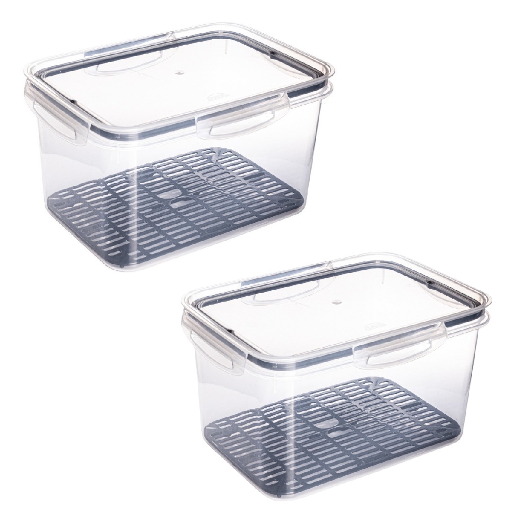 Kit 2 Potes Herméticos Trava Mais Retangular 4 Litros Com Escorredor Saladas Frutas Legumes