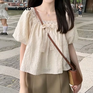 Lovito Blusa com Decote Quadrado, Renda de Malha e Detalhes de Contraste para Mulheres LNE19122 (Alperce)