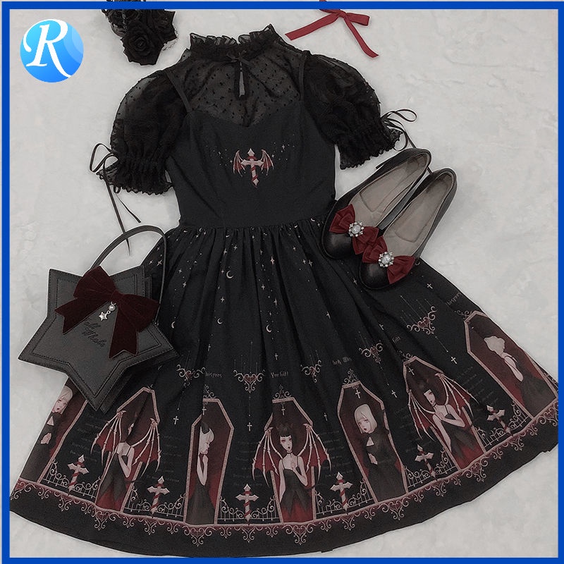 Summer Lolita Bubble Sleeves Cute Dark Gothic Impresso Gótico Escuro Vestido Casual Feminino Cintura Emagrecedor De