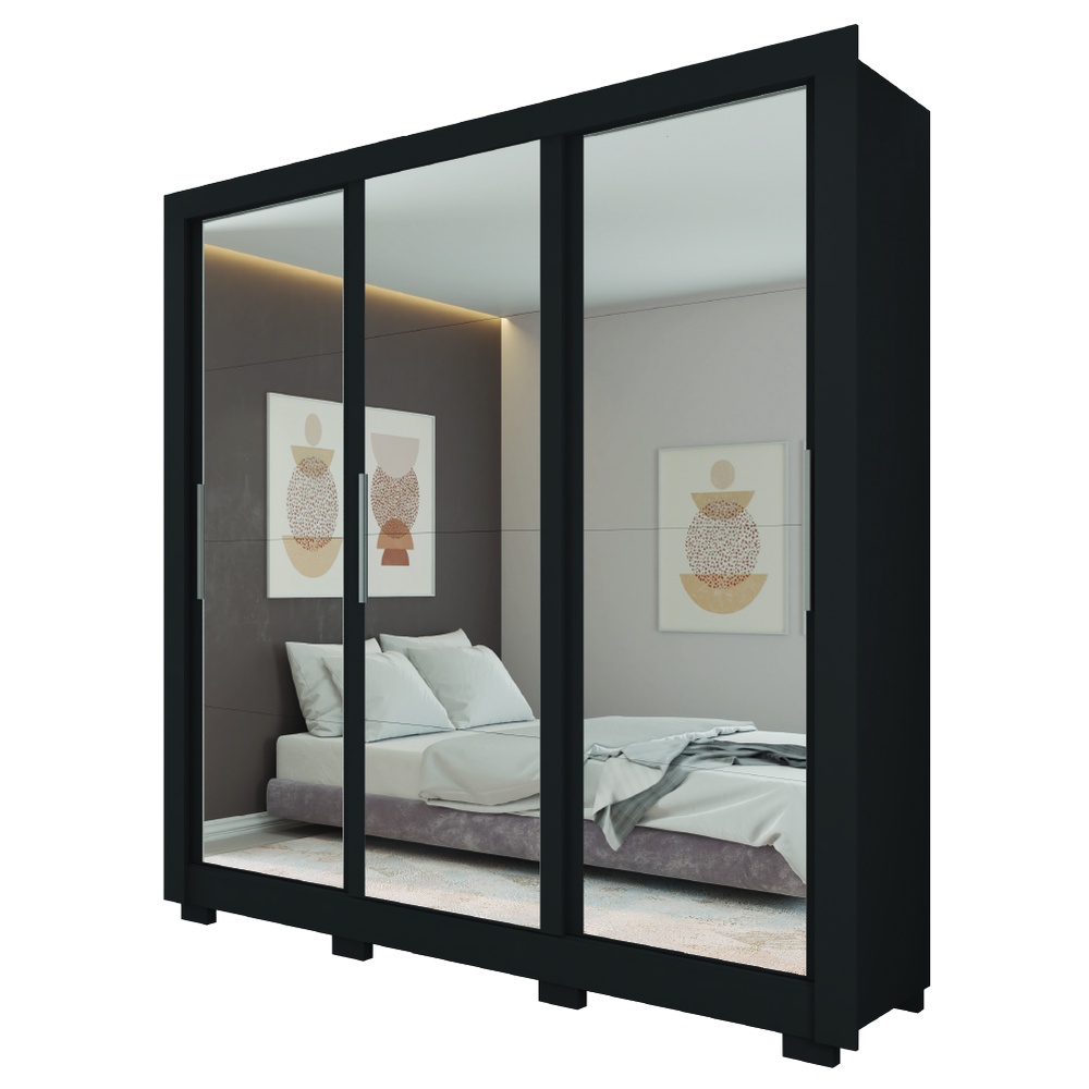 Guarda Roupas Casal 3 Portas de Correr com Espelho 4 Gavetas Giovanna Preto Caemmum - Home & Living