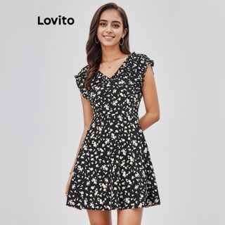 Lovito Casual Vestido Feminino Floral Franzido L68ED343 (Preto)