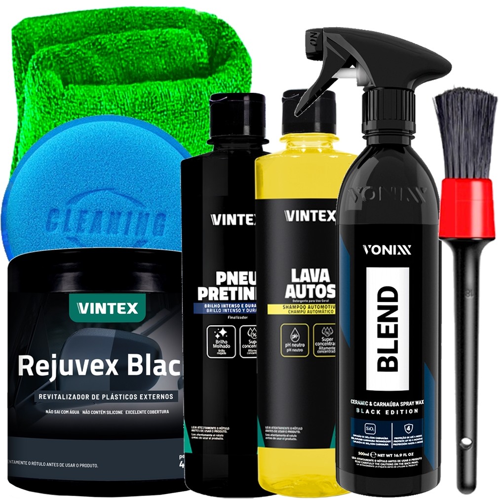 Kit Automotivo Completo Vonixx Vintex Blend Black Lava Autos Pneu Pretinho Rejuvex Black Pincel Aplicador Toalha Karbox