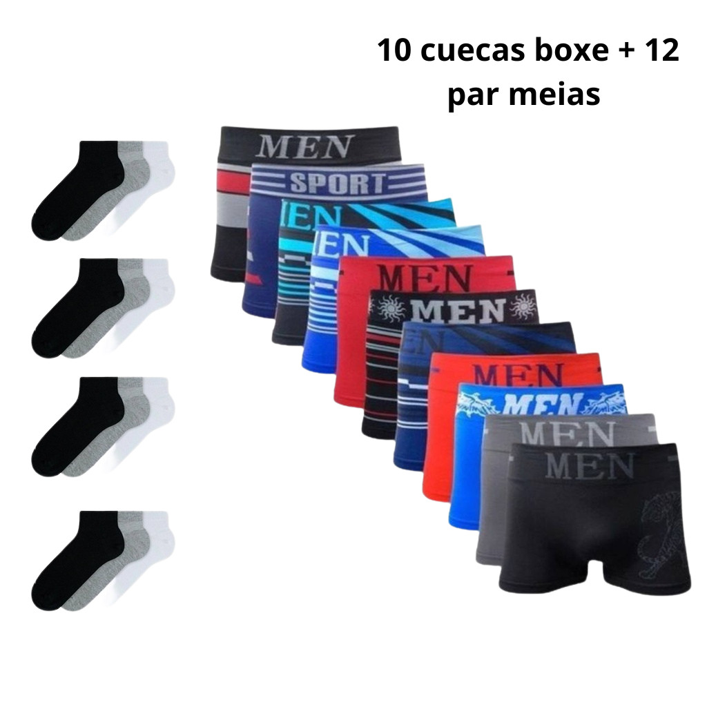Kit 10 Cuecas Boxer Microfibra Adulto + 12 Pares Meias Algodão