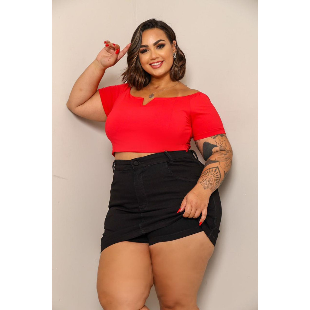Short Saia Jeans Plus Size Feminino Com Saia Atras Elastano