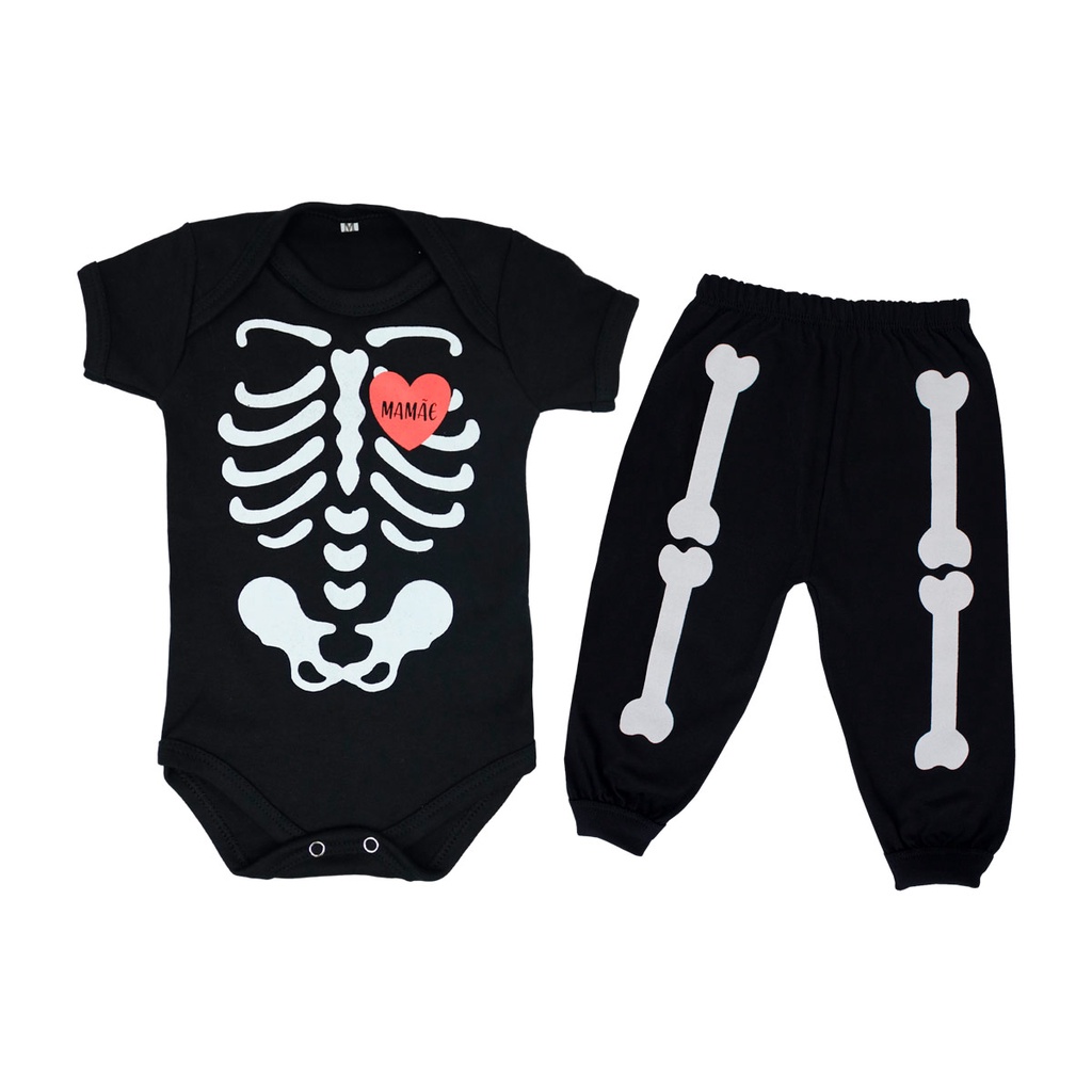 Body Fantasia de Bebê 100% Algodão Esqueleto Halloween + Calça