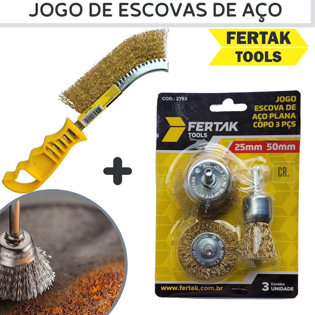 Jogo de Escova de Aço 3pçs + Escova Com Cabo Fertak Tools Kit de Escovas Plana Copo e Manual