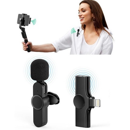 Microfone de Lapela Sem Fio K9 Vlog Compatível Tipo C e iPhone