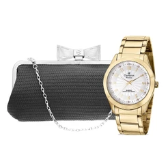 Relógio Feminino Analógico Dourado Champion À Prova D'Água Origina + Bolsa Clutch CN29409G Relógio De Pulso Feminino