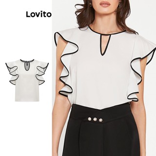 Lovito Casual Blusa Feminina Lisa Colorblock com Babados L68ED240 (Branco)