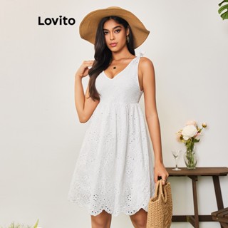 Lovito Casual Vestido Feminino Liso com Ilhós Bordados LBA05185 (Branco)