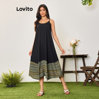 Lovito Casual Vestido Feminino com Estampa Barroca e Costura LBA05059 (Preto)