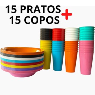 Jogo de prato com copo plastico resistente grande fundo redondo colorido agua suco cozinha almoço sobremesa alimentação refeição infantil merenda escola aniversario churrasco porção acampamento lanchonete