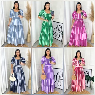 Vestido Giovanna Longo Listrado Mangas de Princesa Moda Evangélica