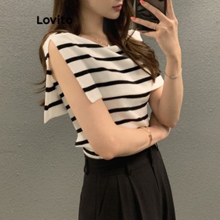 Lovito Casual Camiseta Feminina Listrada com Ombro de Fora LNA21258 (Preto e Branco)