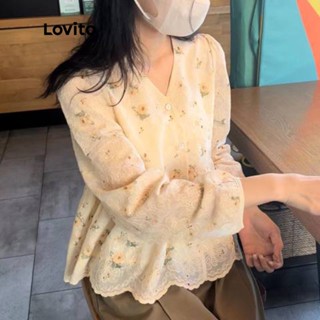 Lovito Casual Blusa Feminina Floral Bordada de Manga Comprida com Botão Frontal LNA08059 (Damasco)
