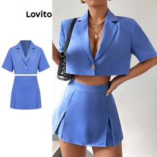 Lovito Conjunto de Saia Elegante com Botões Frontais e Colarinho com Entalhes para Mulheres LBL06168 (Azul)