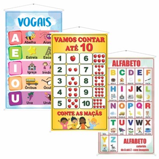 Kit 3 Banner Pedagógicos Vamos Contar até 10  Vogais e Alfabeto Ilustrados  60x100cm - Didático Educação Infantil Alfabetização Educacional Interativo Ensino Língua Portuguesa Aula Matemática Painel Aluno Educadores Equipamento Escola Reforço Escolar