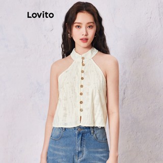 Lovito Casual Blusa Feminina Lisa com Botão Frontal e Pena LNE30054 (Cáqui)