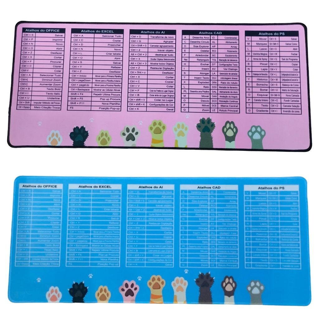 Mousepad 70x30 Temático Patas de Gatinhos com Informações de Atalhos SuStore