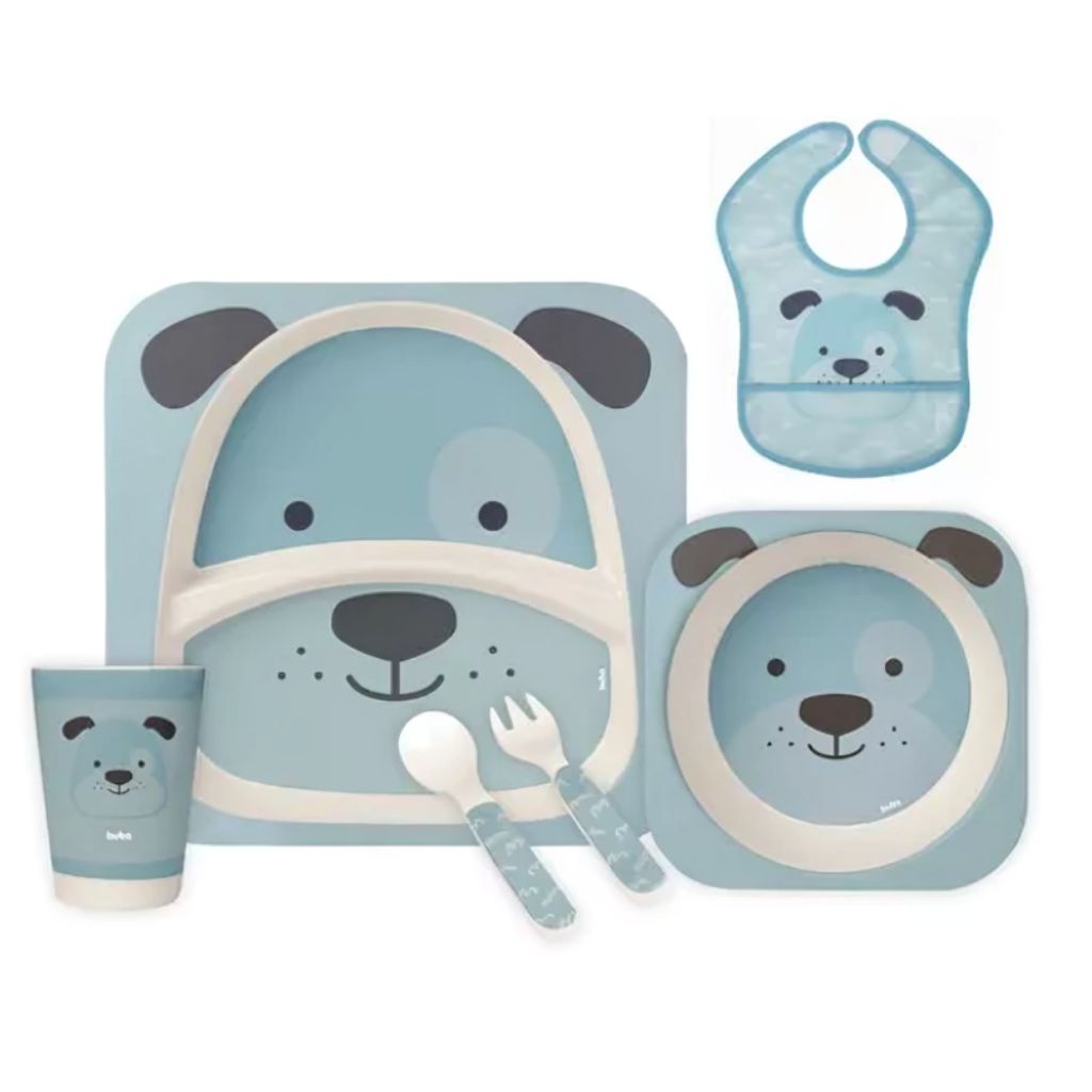 Kit Refeição Bambu Mais Babador Com Bolso Cachorrinho - Buba em Oferta na Shopee