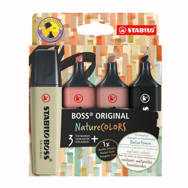 Pincel marca texto Boss Nature Colors 70/4-2-3 estojo com 4 cores Stabilo em Oferta na Shopee