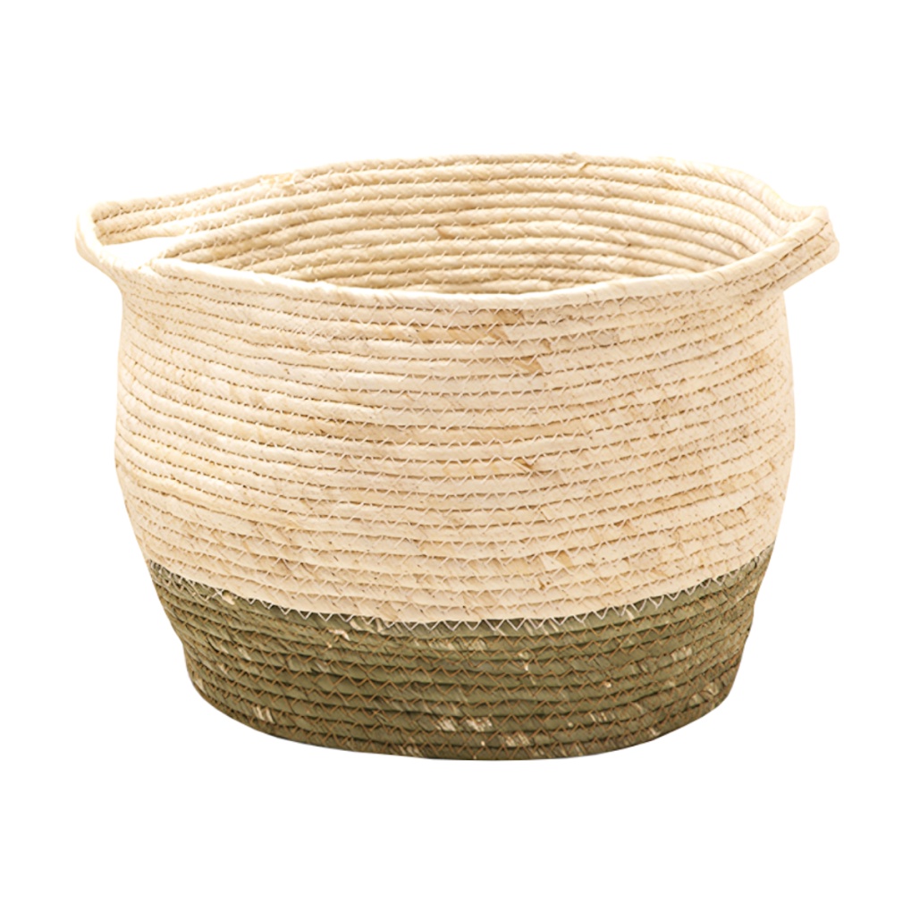 Cesto Decorativo Em Fibra Natural Trançada Com Alça Grande Duo Verde Organizador Objetos Almofada Manta Decoração Boho Chic Sala Escritório Quarto Hall Entrada