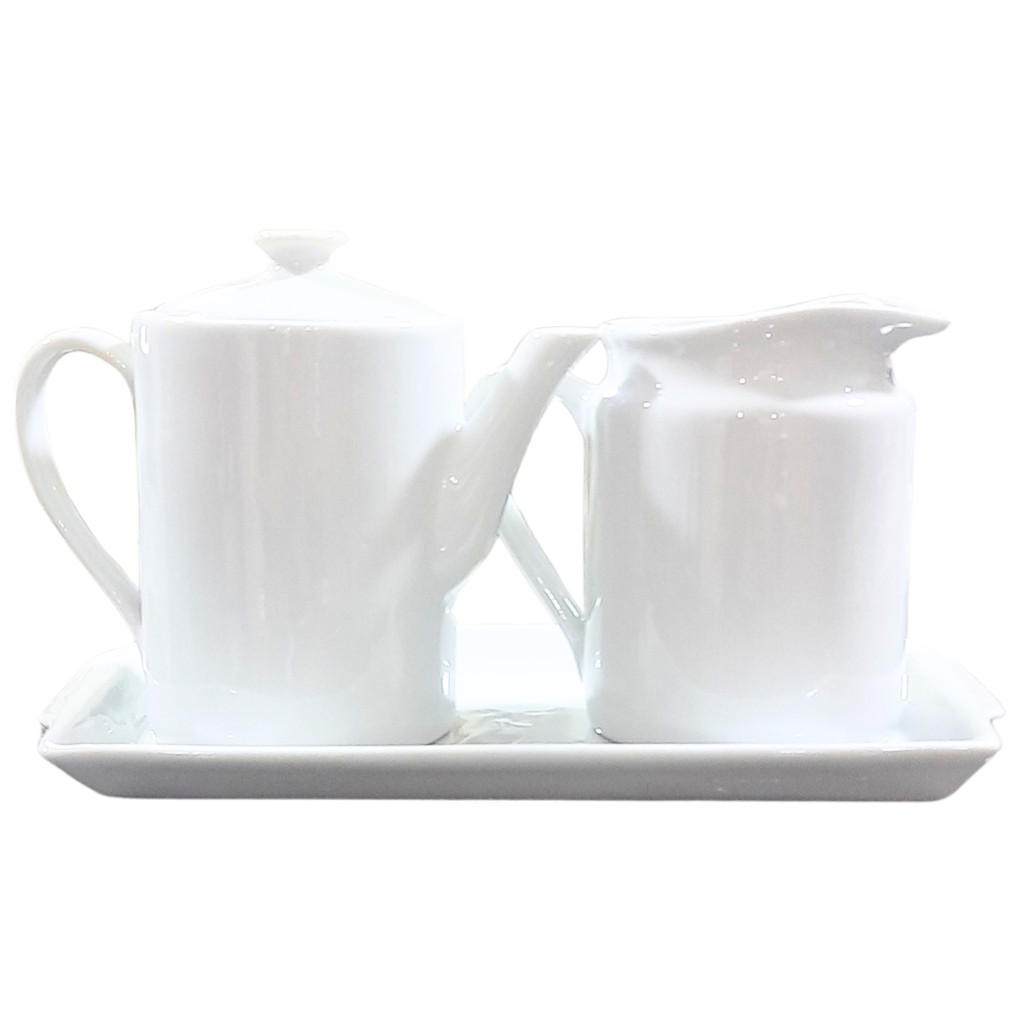 Jogo Café e Chá Mesa Posta, Bandeja + Bule bico longo 800ml + Jarra Leiteira 800ml - Kit Porcelana Branca