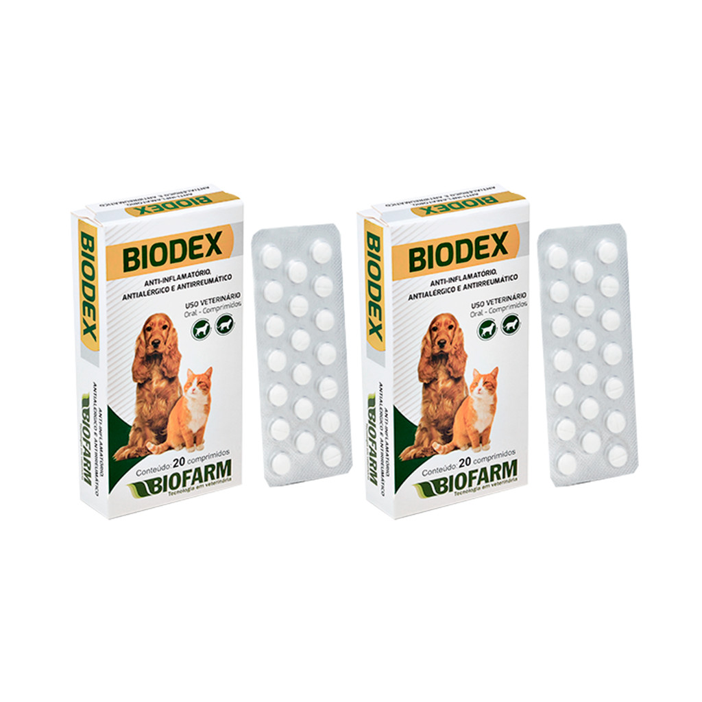 Kit 2 Unidades Biodex 20 Comprimidos Anti-Inflamatório e Antialérgico Para Cachorro e Gato (1 Cartela + Bula)