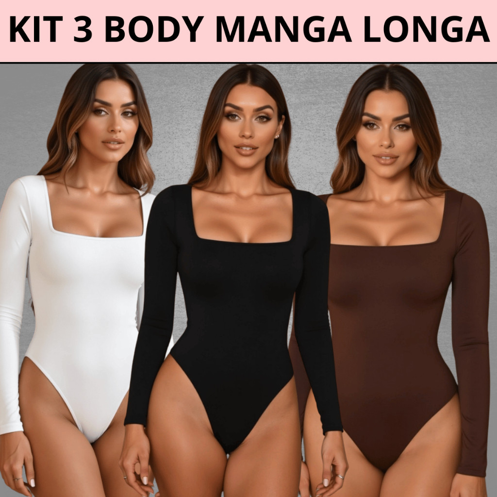 Kit 3 Body Feminino Decote Quadrado Manga Longa Suplex Forrado Segunda Pele Blusa Frio Pre...