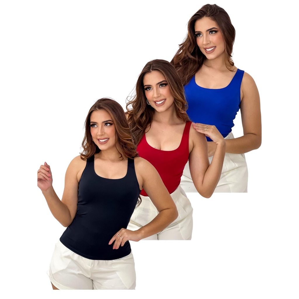 kit 3 ￼Camiseta Regata Feminina Suplex Básica blusinha alça grossa lisa tecido sem bojo