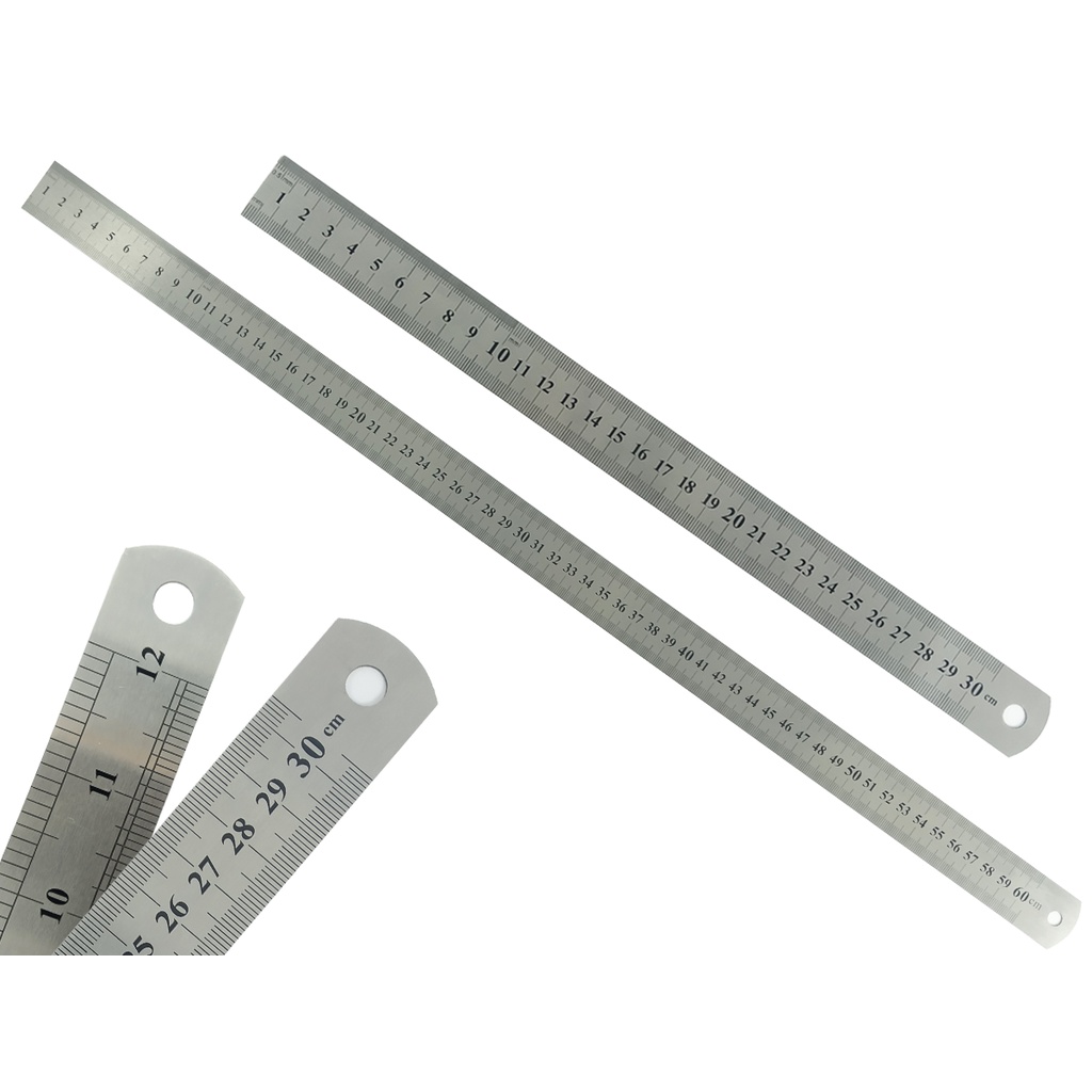 Kit Com 2 Réguas Metal Leve De Aço Inoxidável Tamanho 30 e 60 cm Marcação Baixo Relevo Escolar Escritório Engenheiro