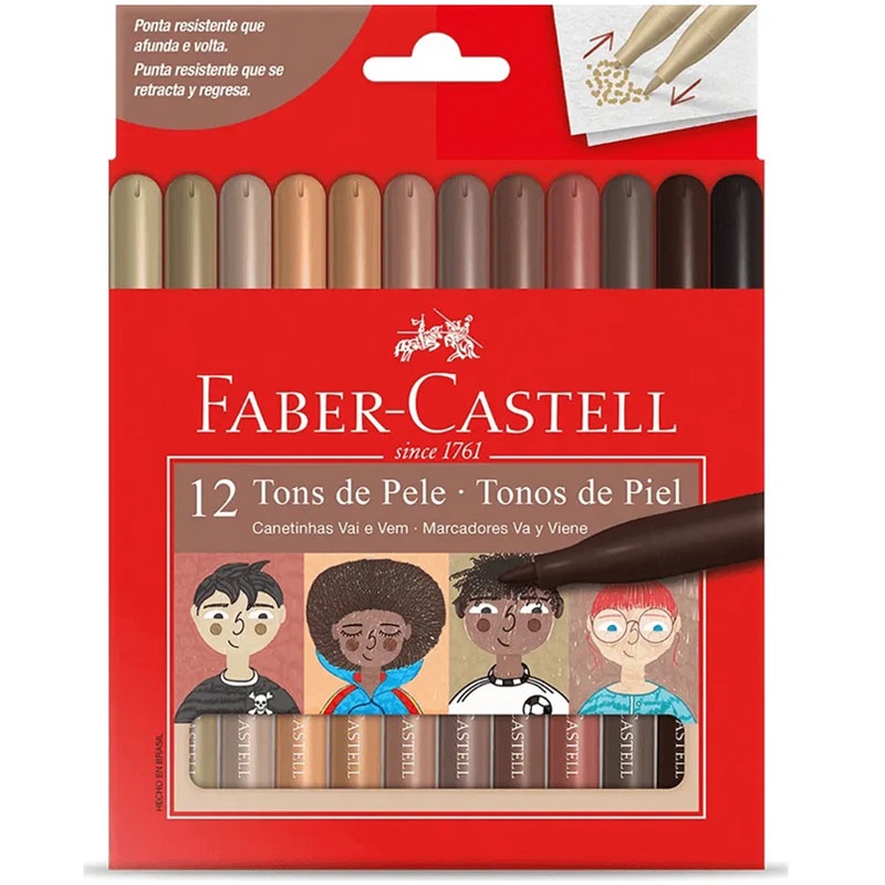 Caneta hidrográfica ponta vai e vem tons de pele 15.0112VVCCZF com 12 cores Faber-Castell - Stationery