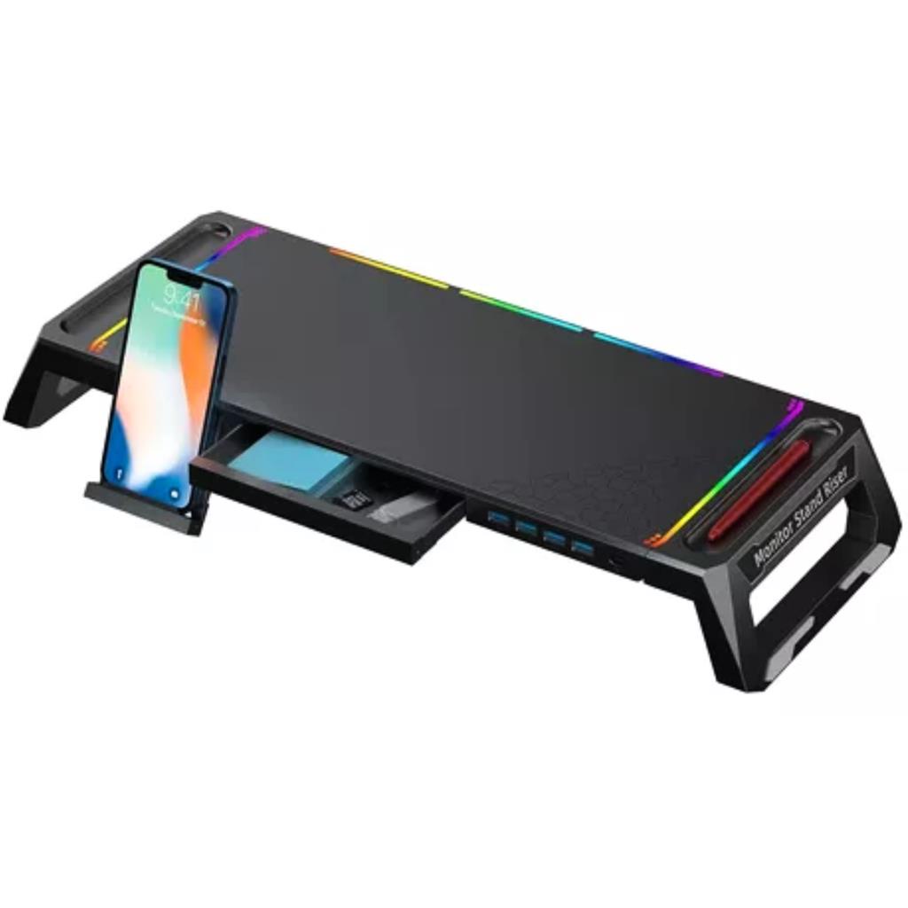 Base Suporte Para Elevar Monitor RGB Estilo Gamer, Modelo Com 4 Portas USB 3.0 2.0, Possui Suporte para Tablet, Smartphone e Gaveta De Armazenamento Revenger Atz001