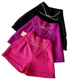 Kit com 3 Short de Linho com Correntes Social Feminino Com Elástico Na Cintura Moda Blogueira