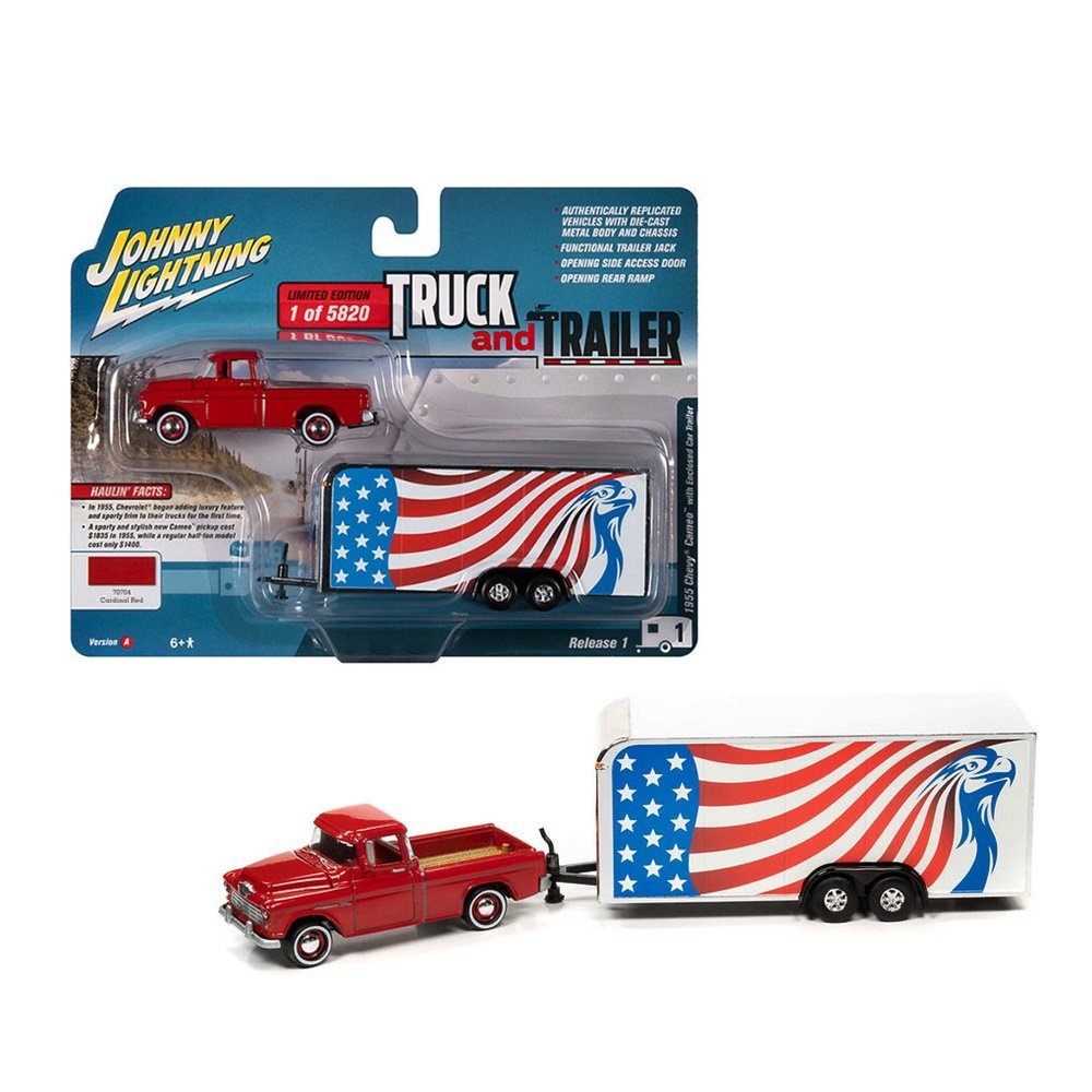 Miniatura Carro Chevrolet Cameo c/ Trailer (1955) - USA - Truck and Trailer - Release 1 - 1:64 - Johnny Lightning
