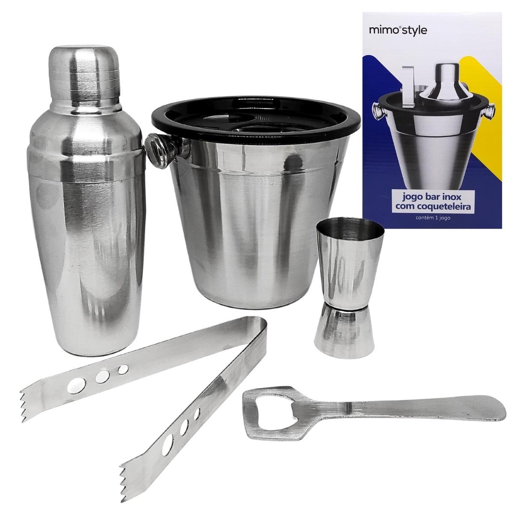 Jogo Kit Caipirinha Bartender Inox 5 Peças Com Coqueteleira Balde Pegador Dosador