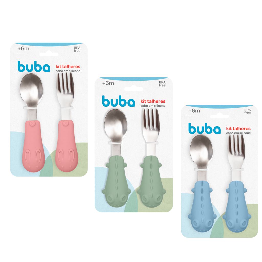 Kit Talheres Infantil Aço Inoxidável Cabo Em Silicone Buba em Oferta na Shopee