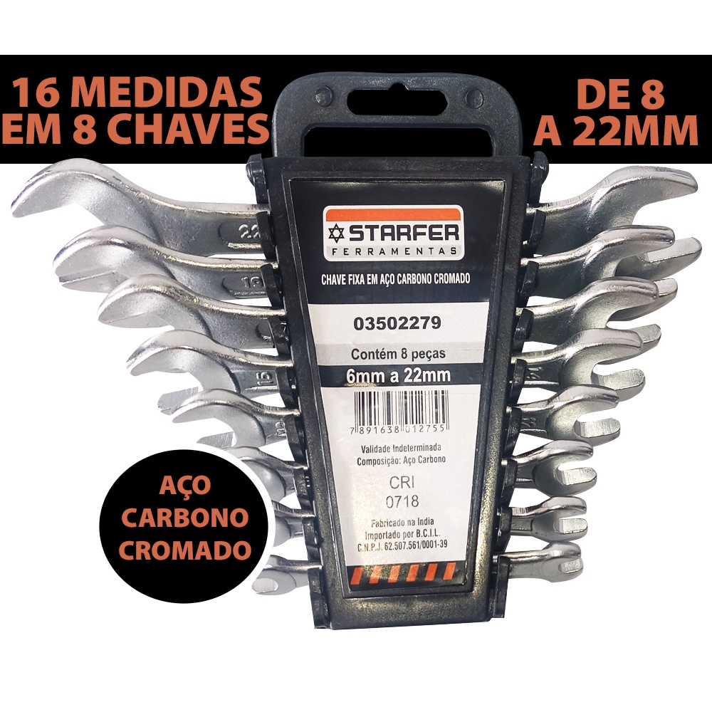 Jogo Kit Ferramenta Chave Fixa 6 À 22mm 8 Peças Completo Jogo de chaves fixas Kit de ferramentas Chave fixa Ferramenta Mecânico Oficina Bricolage DIY (Do It Yourself)