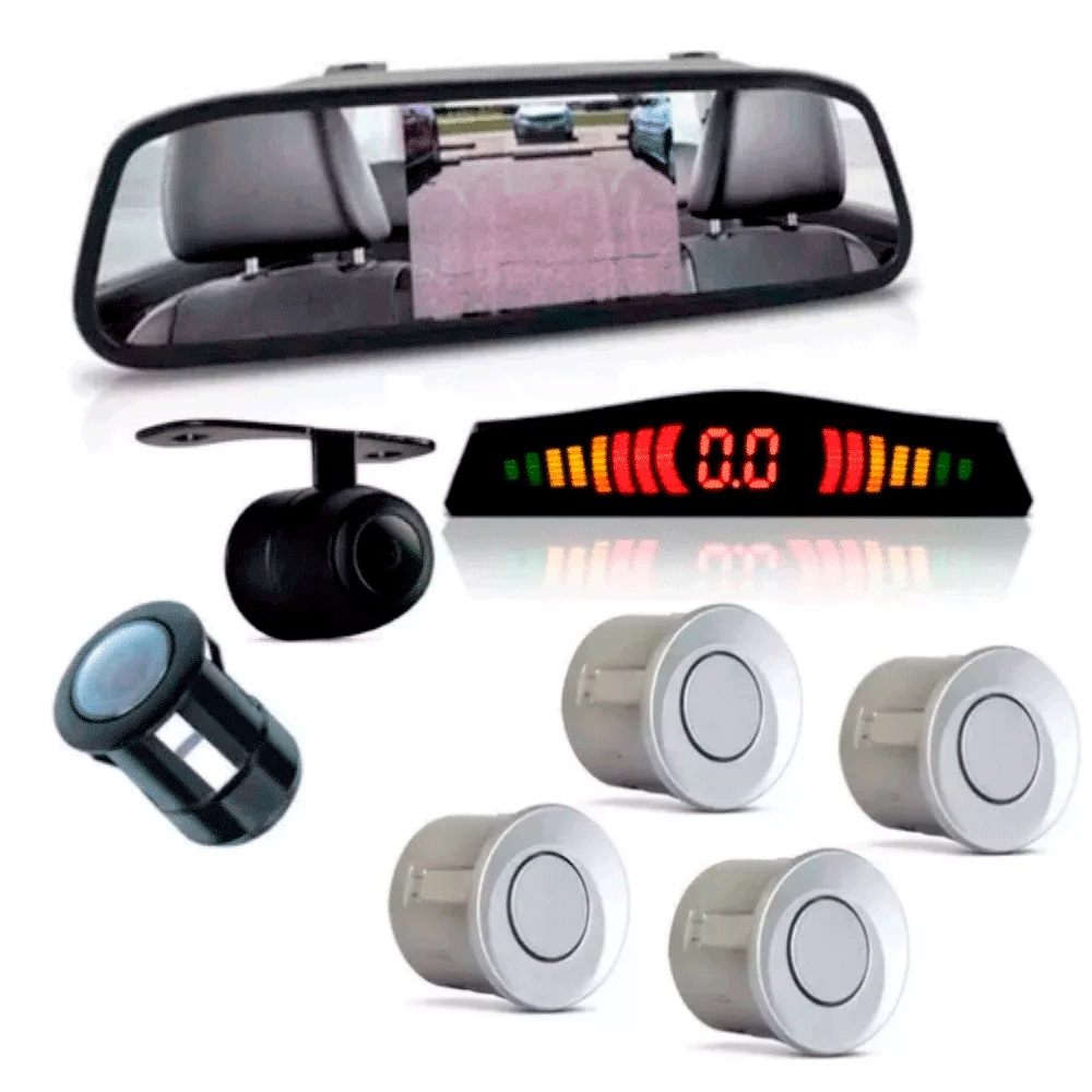 Retrovisor Monitor Tela 4.3 Câmera Ré Colorido Estacionamento + Sensor 18 Mm Prata