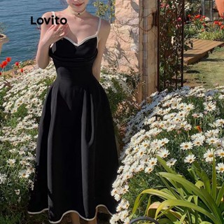 Lovito Elegante Vestido Feminino Liso com Costura Contrastante LNA11153 (Preto)