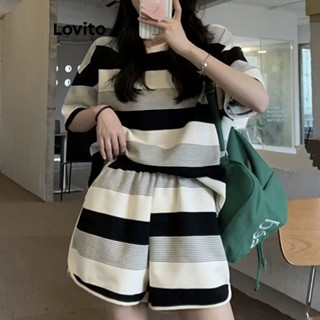 Lovito Casual Conjuntos de Pijama com Padrão Listrado e Contraste para Mulheres LNA18008 (Preto e Branco)