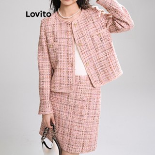 Lovito Casual Conjunto Feminino Gingham Duas Peças com Botão Costura Contrastante e Tecido Texturizado L70AD042 (Blusa/Saia/Conjunto)