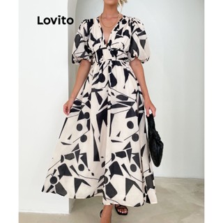Lovito Casual Vestido Feminino Tropical Cruzado com Manga Bufante e Bainha de Babados LNE27159 (Branco)