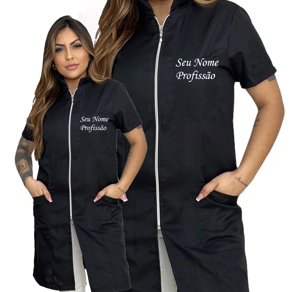 Jaleco Feminino Preto Zíper Prata Manga Curta Oxford Acinturado + BORDADO SEU NOME E PROFISSÃO