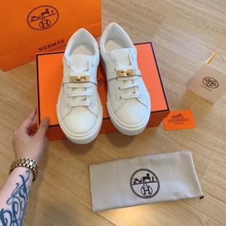 Hermes Sapatos Esportivos Modelos De Casal Kelly Buckle Brancos Fivela Dourada Branca Couro De Vaca Moda Confortável Nobres Femininos