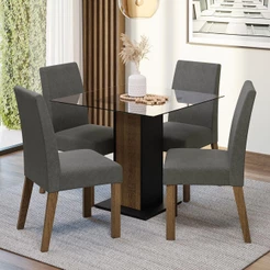 Conjunto Sala de Jantar Mesa Tampo de Vidro 4 Cadeiras Rustic/Preto/Silver Ivy Madesa