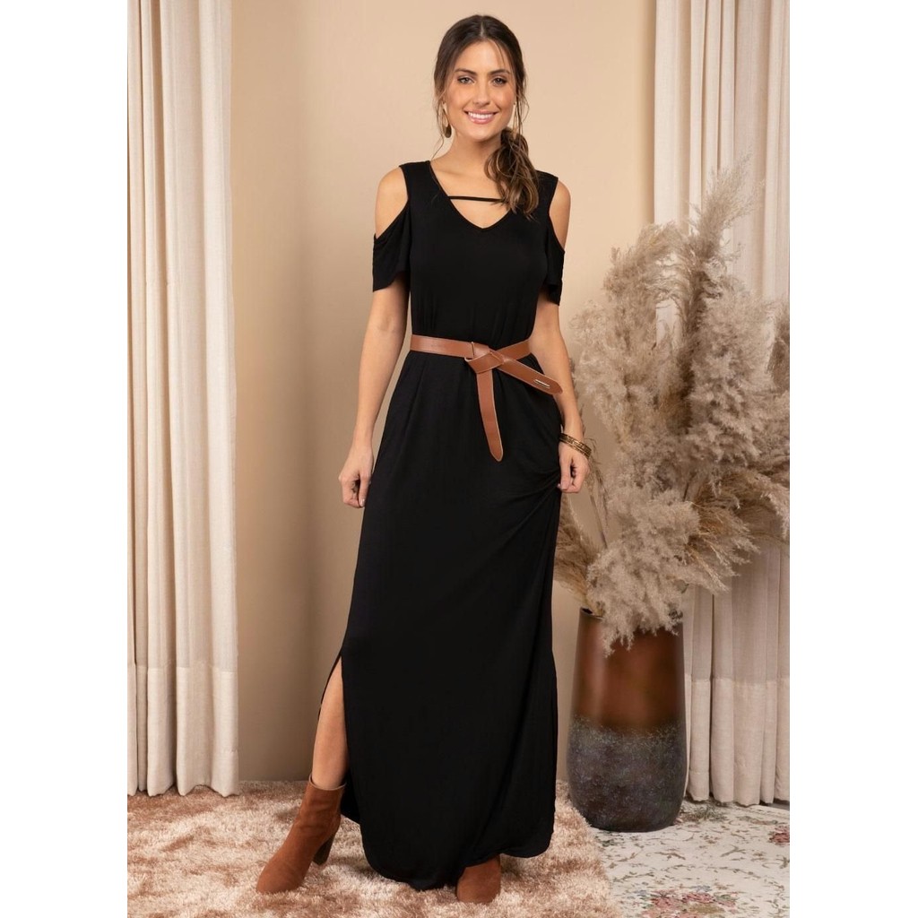 Vestido Longo Com Fendas E Ombro Vazado Preto Quintess