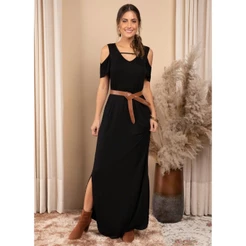 Vestido Longo Com Fendas E Ombro Vazado Preto Quintess