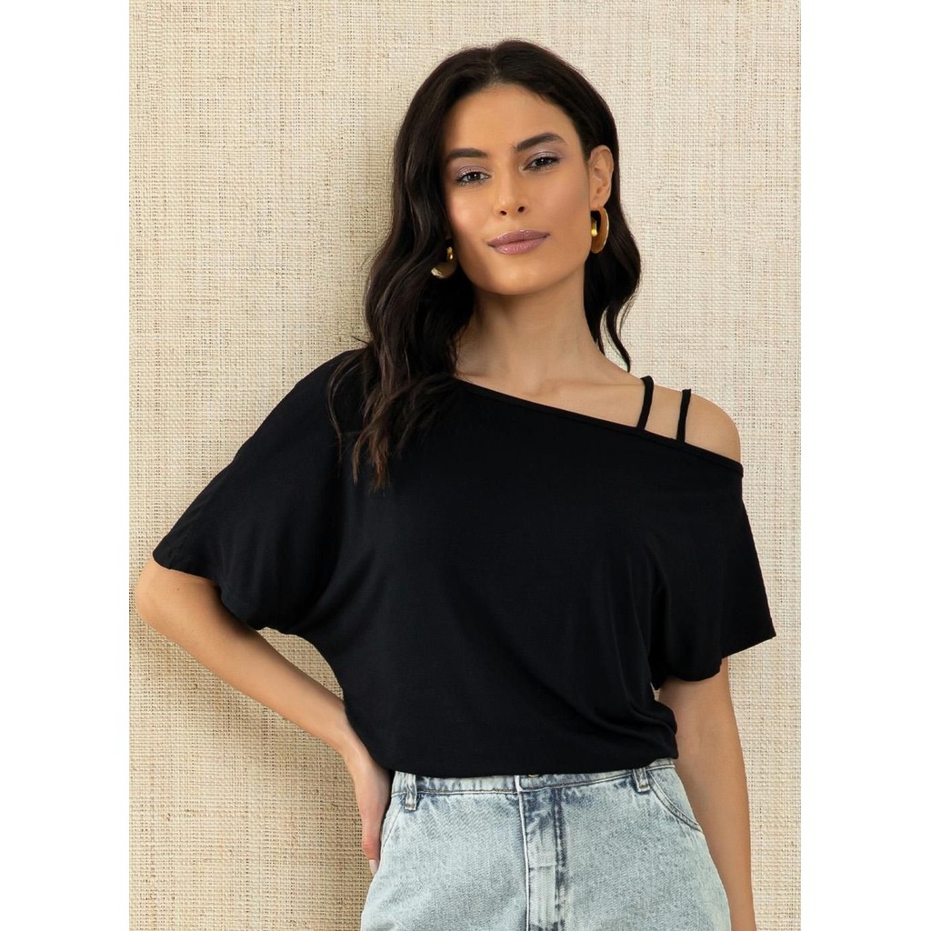 Blusa Com Tiras No Ombro Preto Quintess em Oferta na Shopee